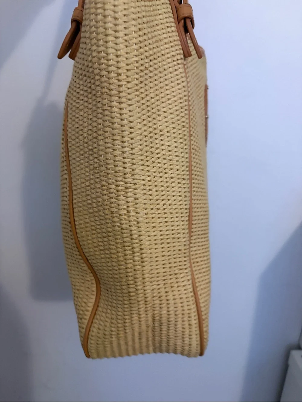 Tory Burch Beige Woven Tote with Leather Trim and Logo